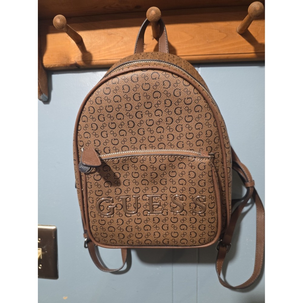 Guess Brown Logo Pattern Mini Backpack - Picture 2 of 11